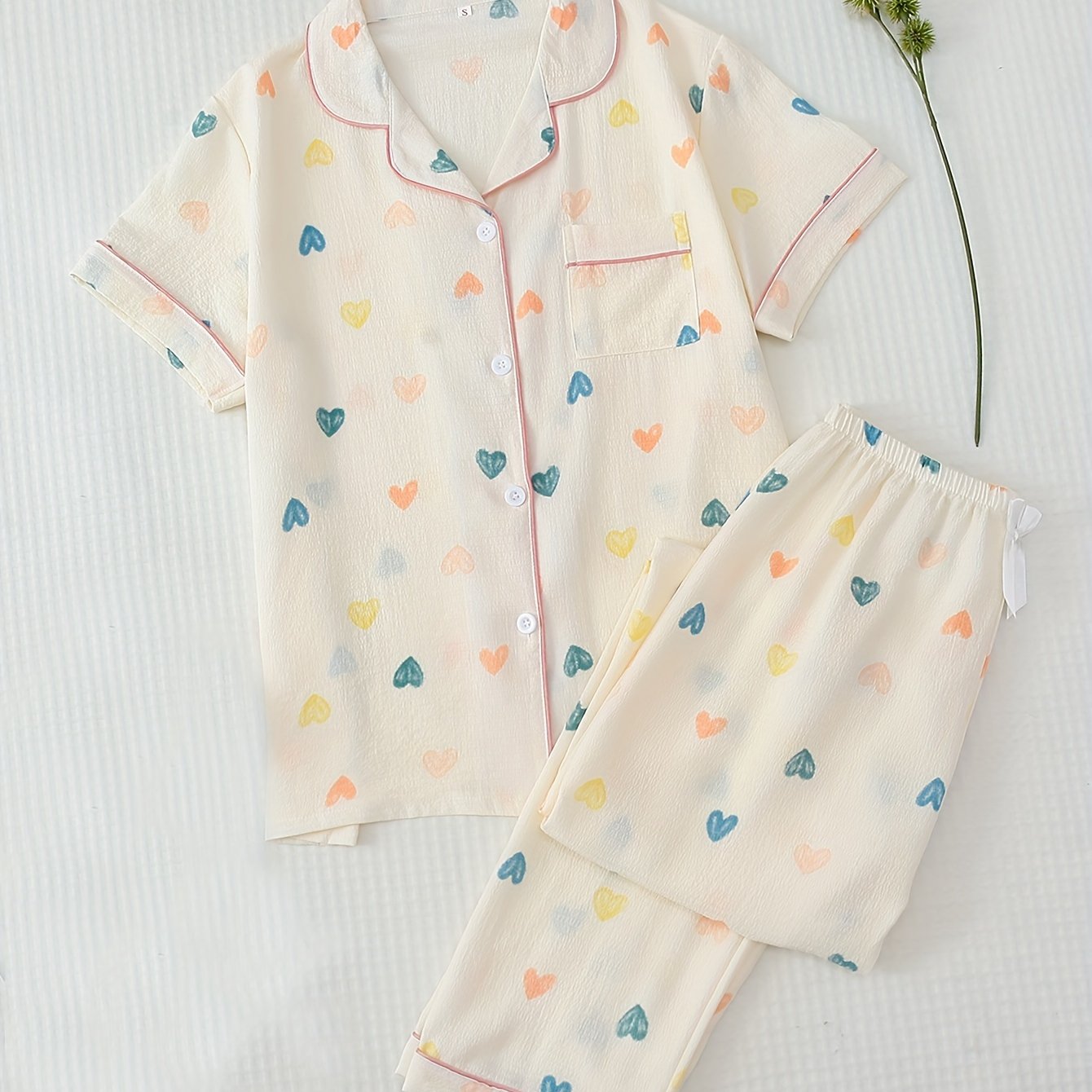 Heart Print Pajama Set Short Sleeve Button Up Top & Elastic Waistband Pants