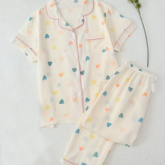 Heart Print Pajama Set Short Sleeve Button Up Top & Elastic Waistband Pants