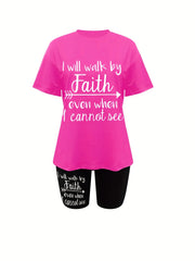 Letter Print Two piece Casual Short Sleeve T shirt & Skinny Shorts Set