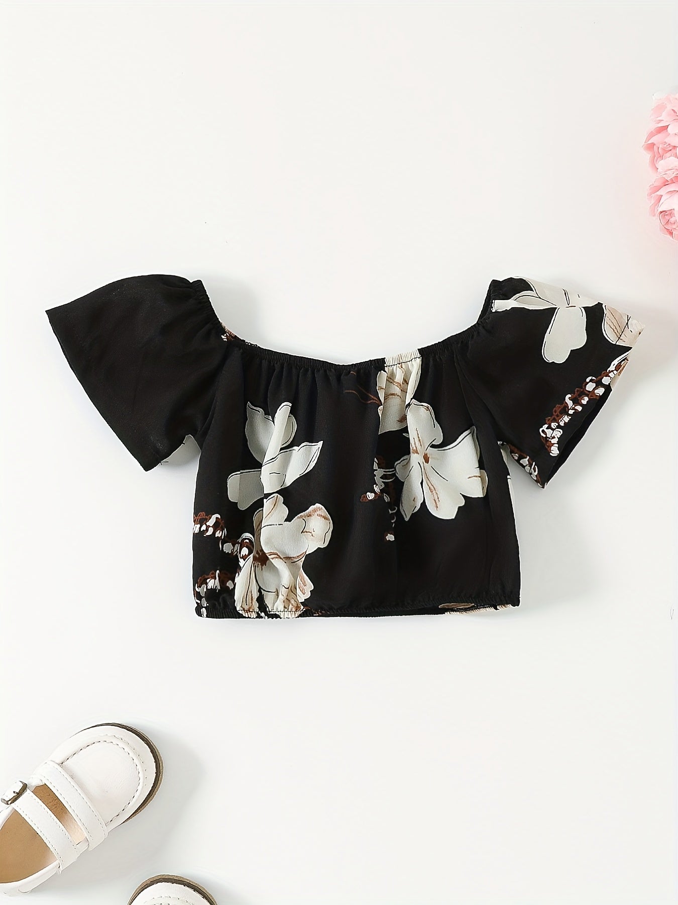 Girls Flower Graphic Off Shoulder Top & Shorts Set For Summer