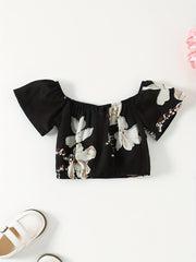 Girls Flower Graphic Off Shoulder Top & Shorts Set For Summer