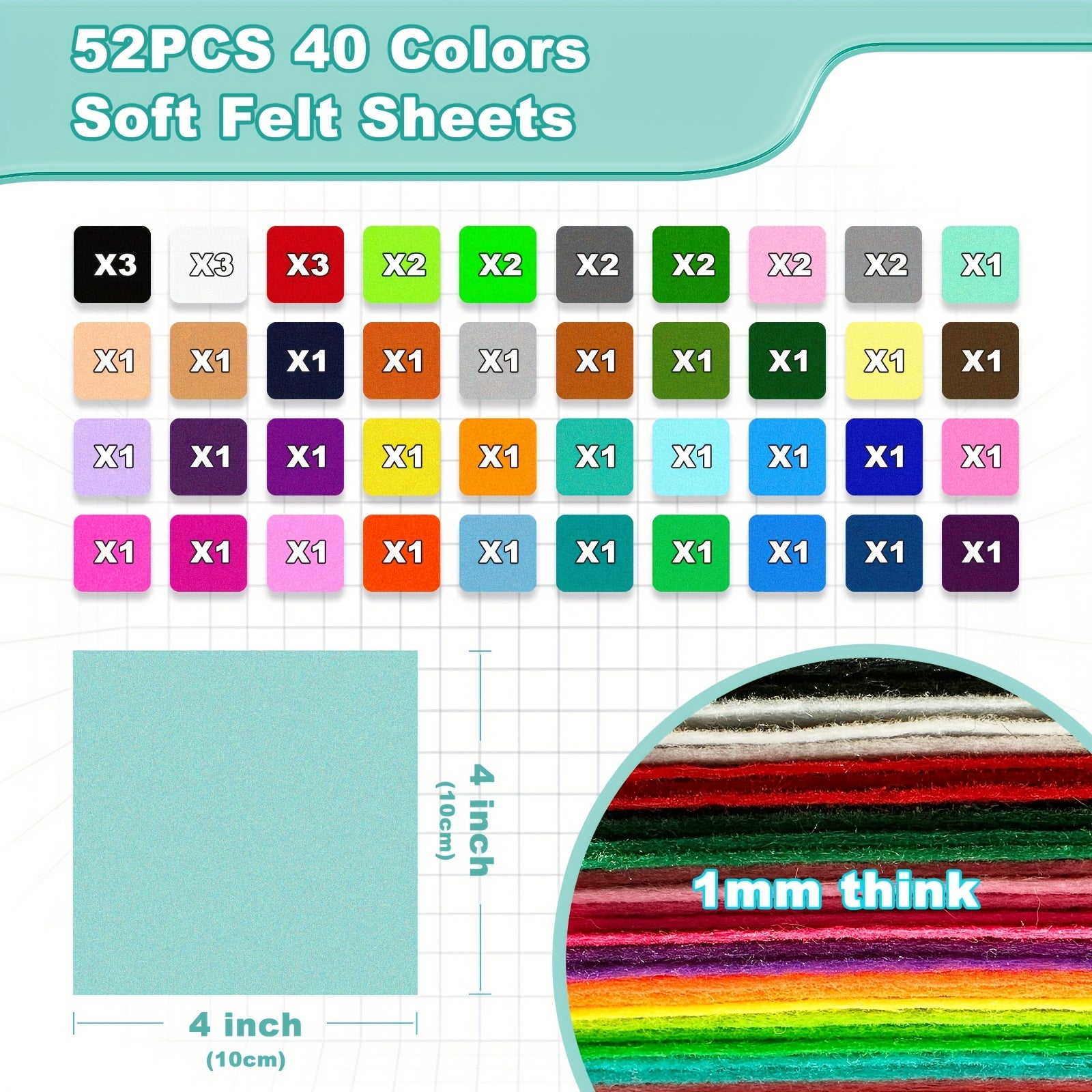 52pcs 4x4 Inch Felt Fabric Sheets 40 Colors 1mm Thickness DIY Crafts Embroidery