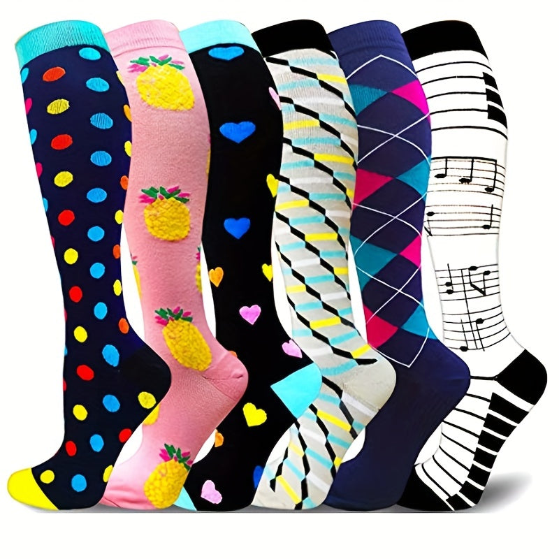 6 Pairs Compression Knee High Sports Socks for Running and Cycling