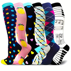 6 Pairs Compression Knee High Sports Socks for Running and Cycling