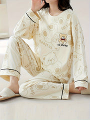 Bear Print Pajama Set Long Sleeve Crew Neck Top & Pants Women's Sleepwear