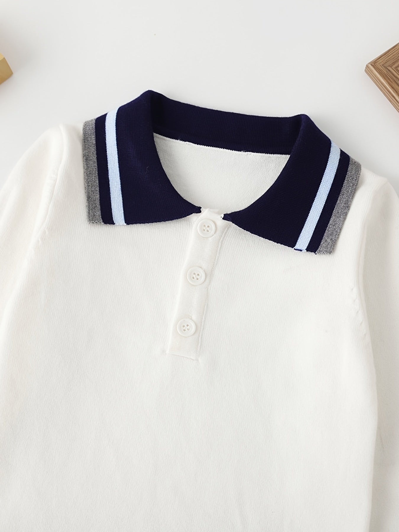 Boys College Style Knit Uniform Long Sleeve Polo Shirt