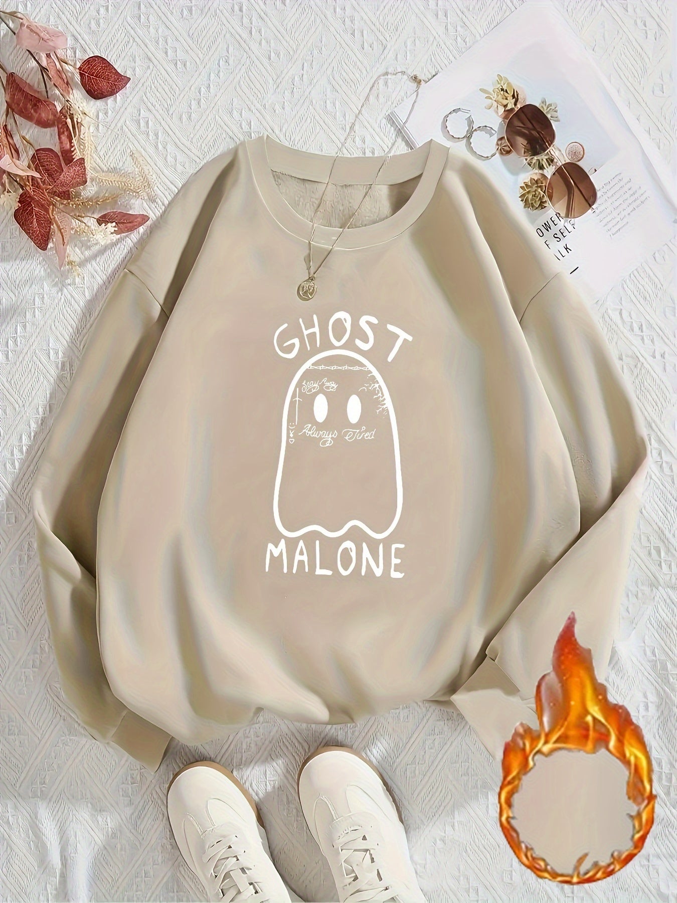 Halloween Ghost Print Sweatshirt Long Sleeves Round Neck Activewear
