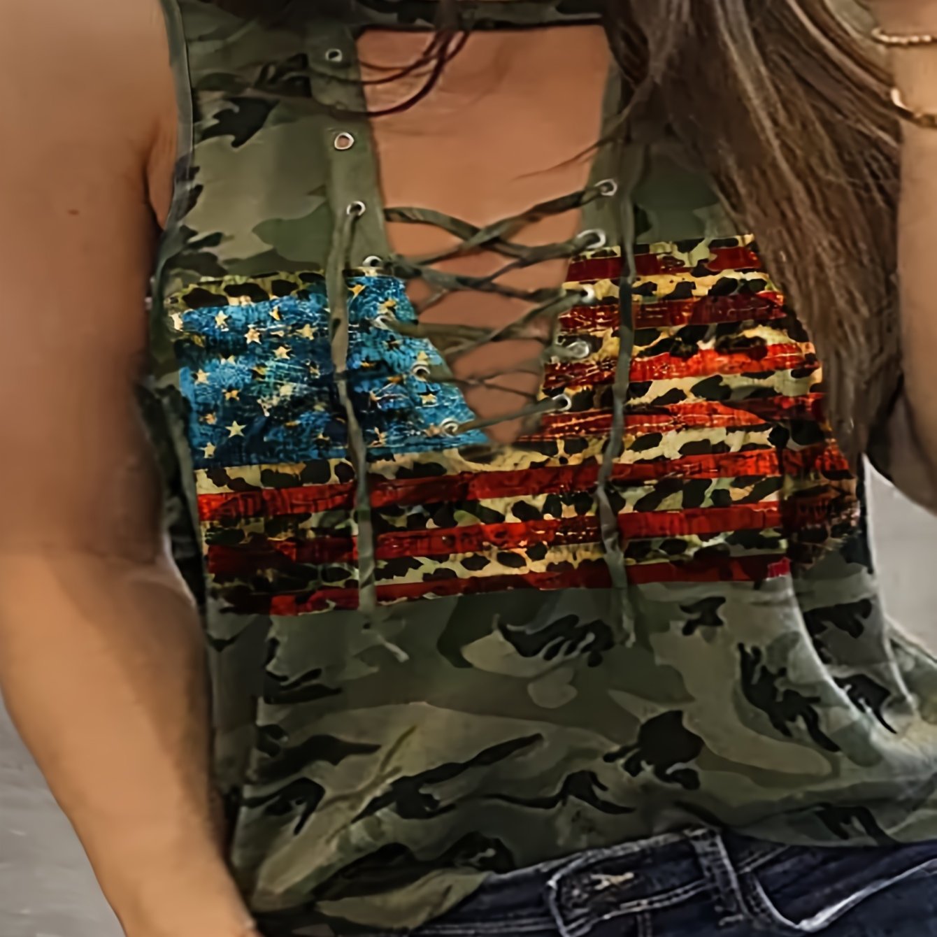 Colorblock Camo Print Cut Out Grommet Lace Up Tank Top