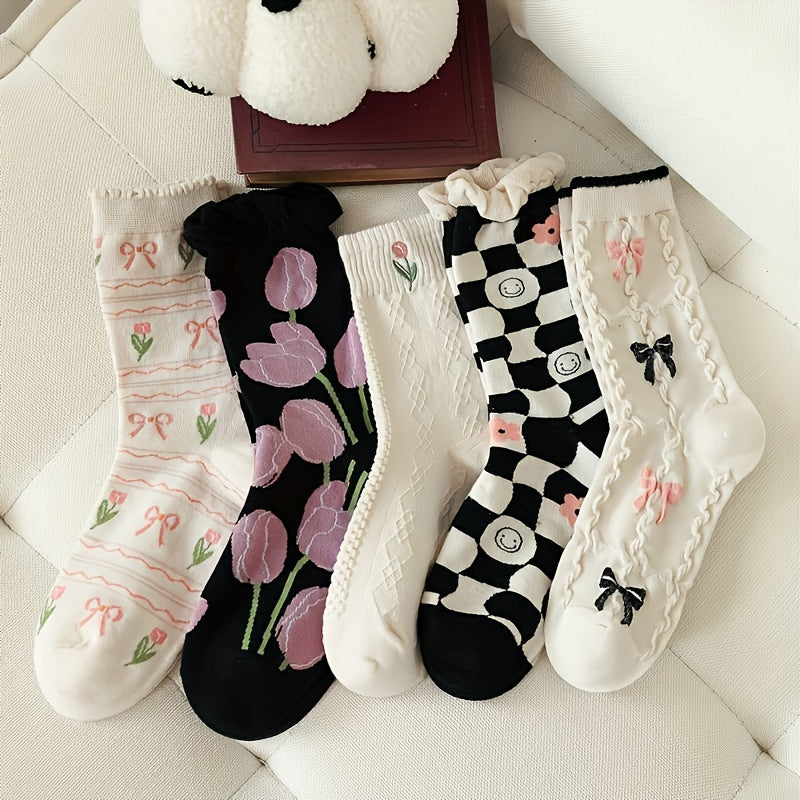 5 Pairs Floral & Bow Print Socks Women's Stockings & Hosiery