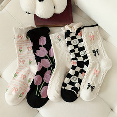 5 Pairs Floral & Bow Print Socks Women's Stockings & Hosiery