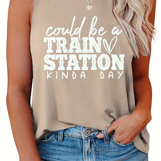 Casual Tank Top Women's Plus Slogan Print Round Neck Tank Top