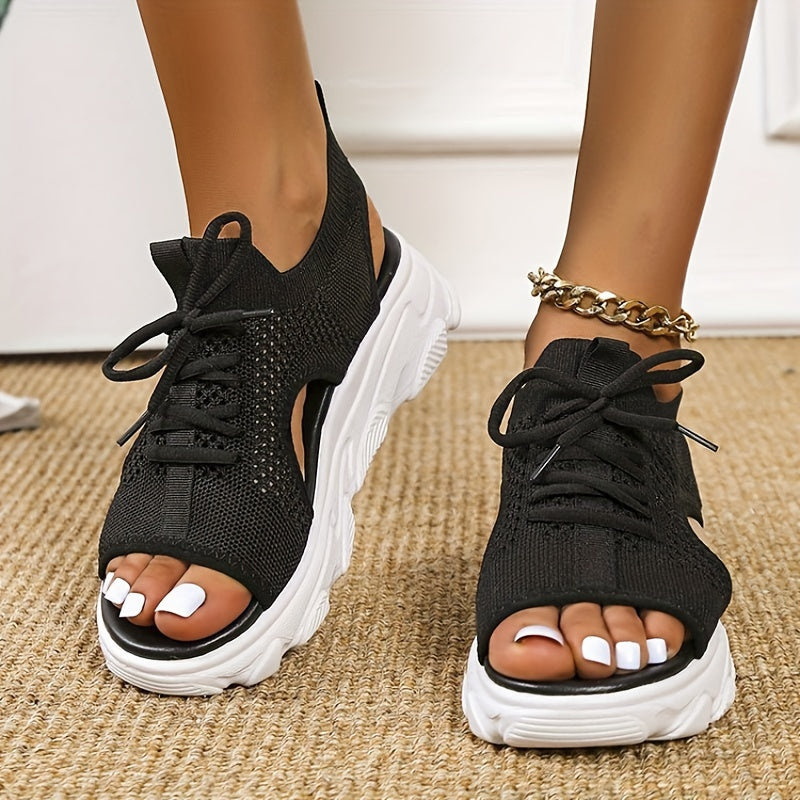 Women's Knit Sport Sandals Peep Toe Lace Up Platform Casual Slingback Outdoor
