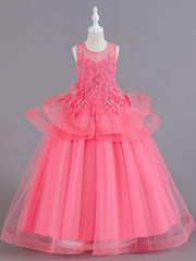 Girls Sleeveless Princess Dress Flower Embroidery Bow Decor Tulle Tutu Dress