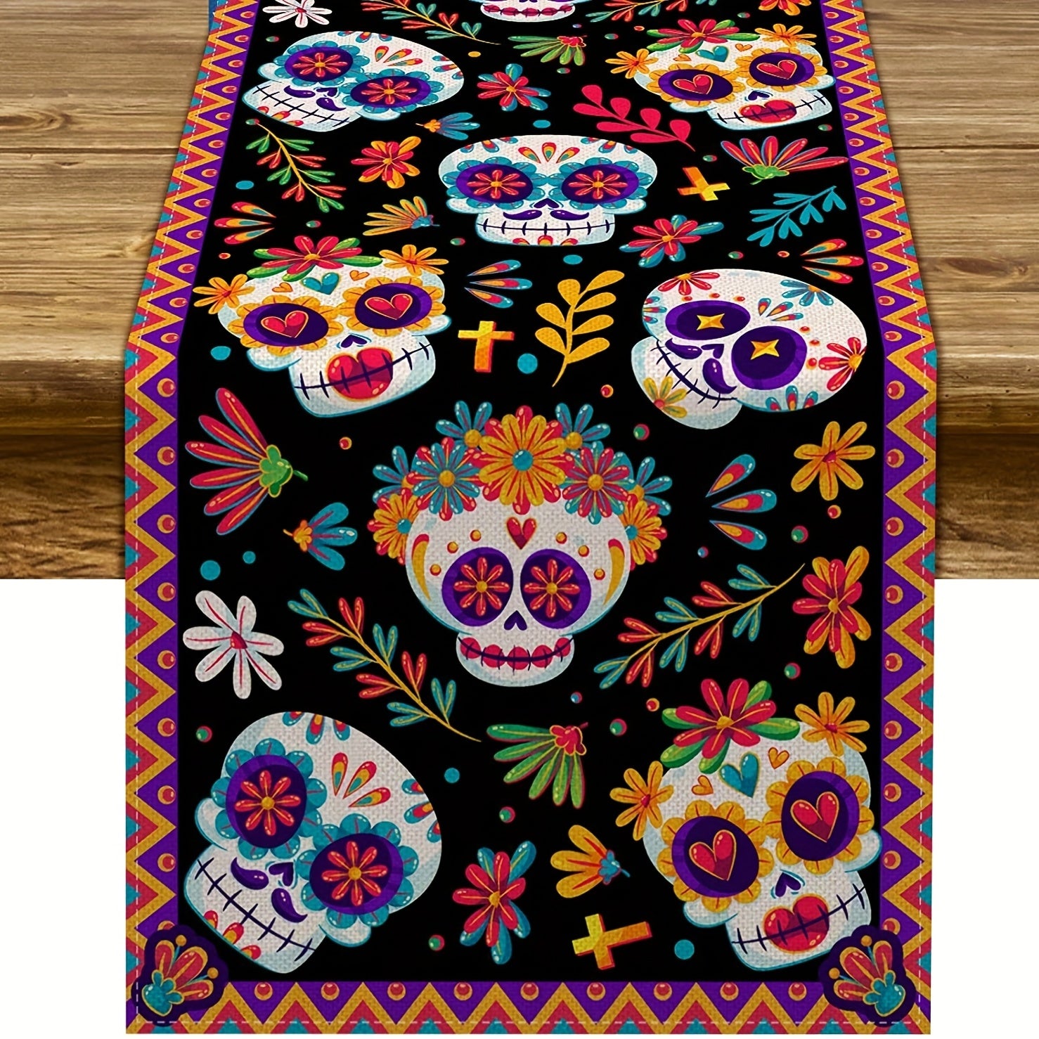 Mexican Style Skull Linen Table Runner Halloween Decor