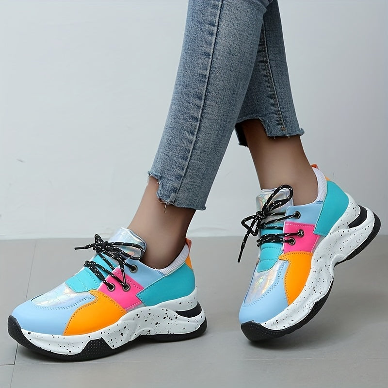 Women's Colorblock Platform Sneakers Low Top Lace Up Shoes