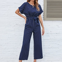 Polka Dot Round Neck Short Sleeve High Waist Jumpsuit