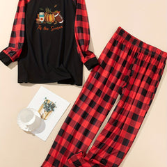 Pumpkin & Rugby Print Plaid Tee & Pants Lounge Set