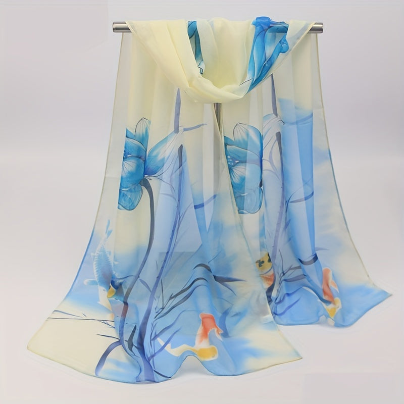 Lotus Printed Chiffon Silky Scarf Long Shawl Beach Scarf