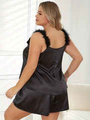 Satin V Neck Fuzzy Cami Top & Shorts Set