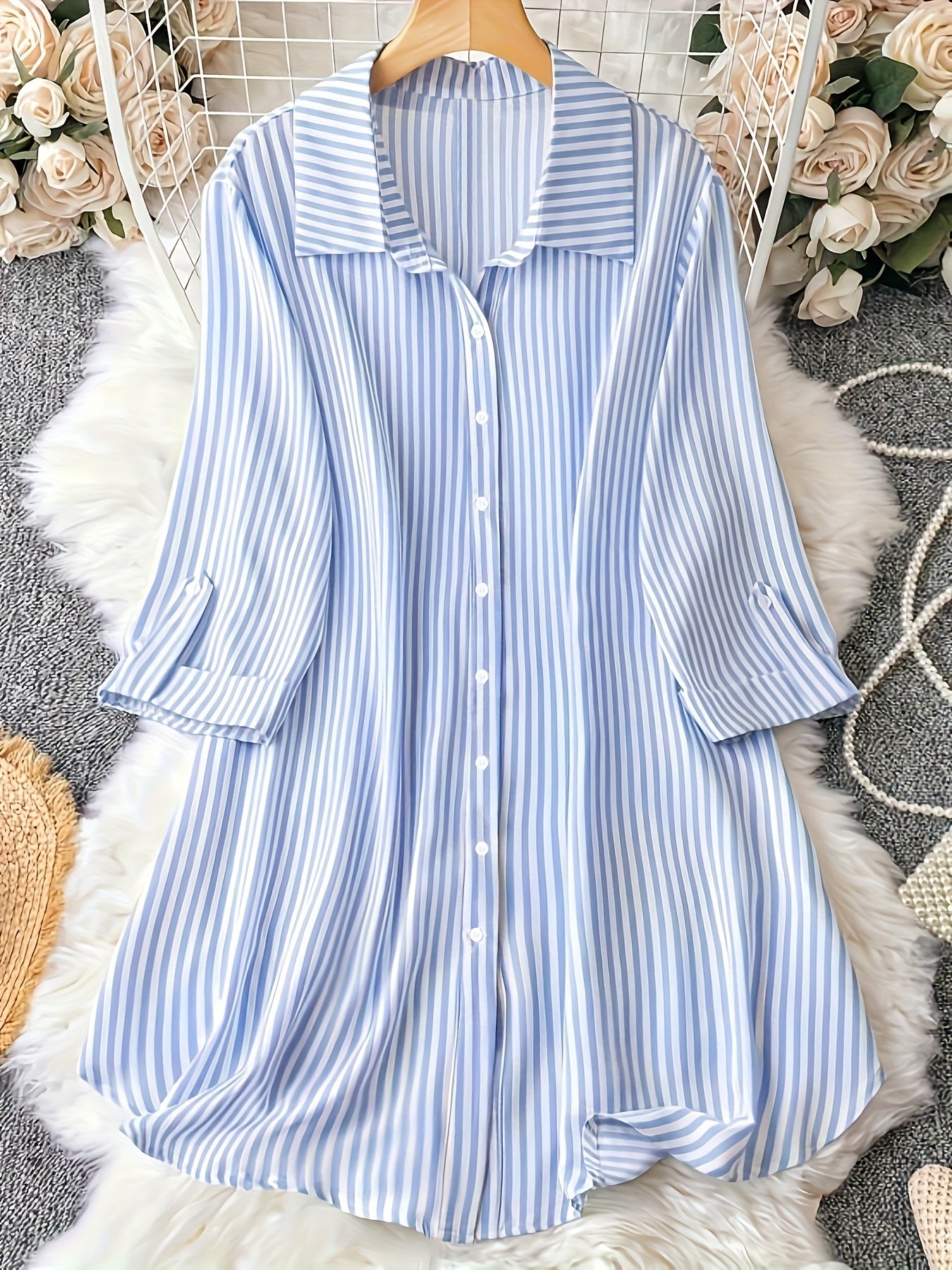 Stripe Print Roll Up Sleeve Button Up Shirt Dress
