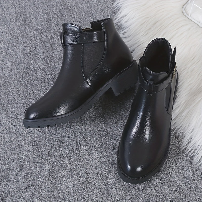 Solid Chunky Heel Boots Buckle Strap Short Boots Comfortable