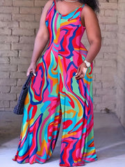 Abstract Print V Neck Wide Leg Cami Jumpsuit