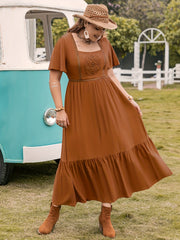 Boho Lace Maxi Smock Dress Short Sleeve Round Neck