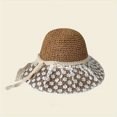 Lace Flower Ribbon Sun Hat Wide Brim Straw Hat Foldable Travel Beach Hats