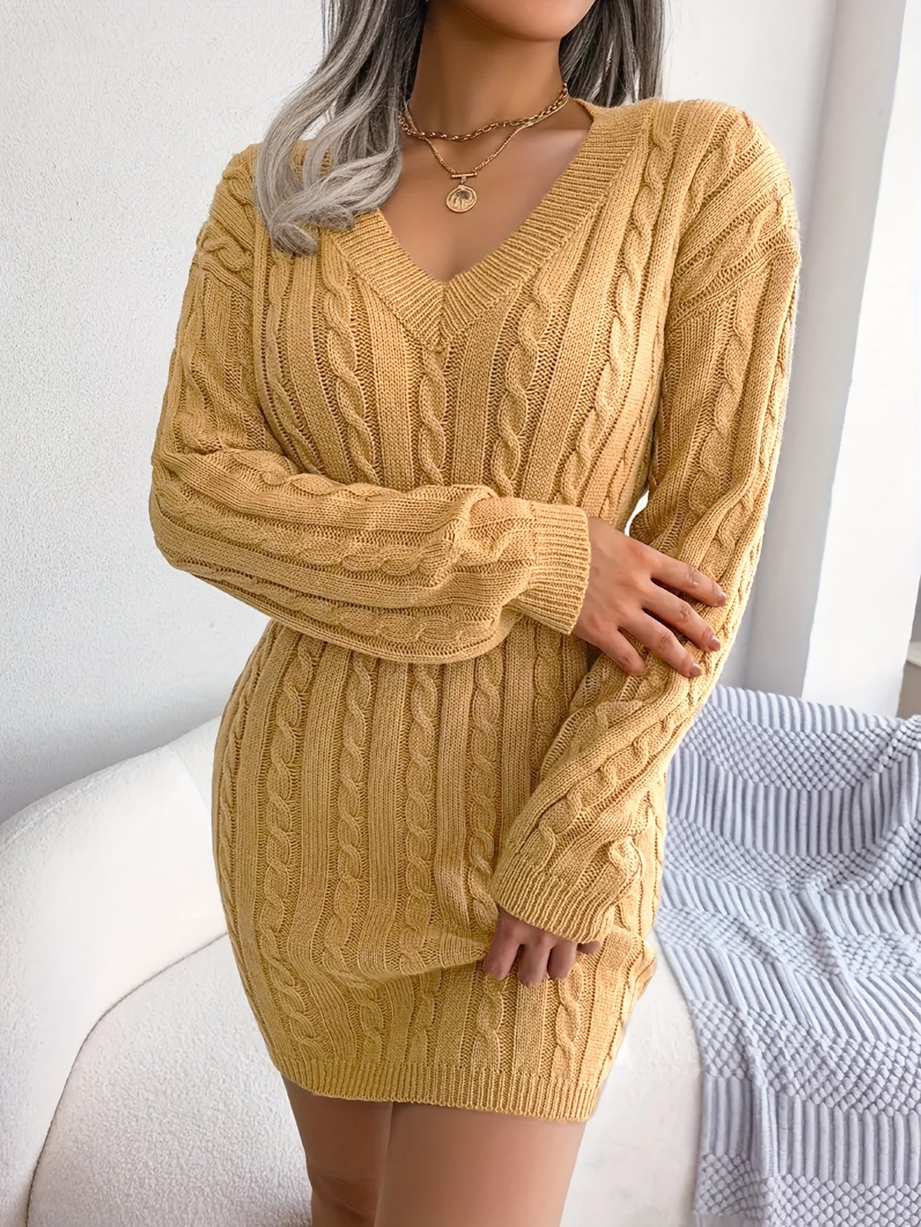 Cable Knit Long Sleeve Bodycon Sweater Dress
