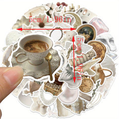 50pcs Vintage Romantic Cartoon Stickers with Floral Clocks Pearls & Statu