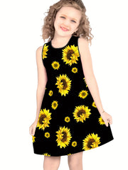 Girls Sunflower Print Sleeveless Loose Fit Summer Dress