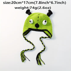 Big Eye Beanie Green Knit Hat Long Tassel Warm Lightweight Y2K Skull Hats Women