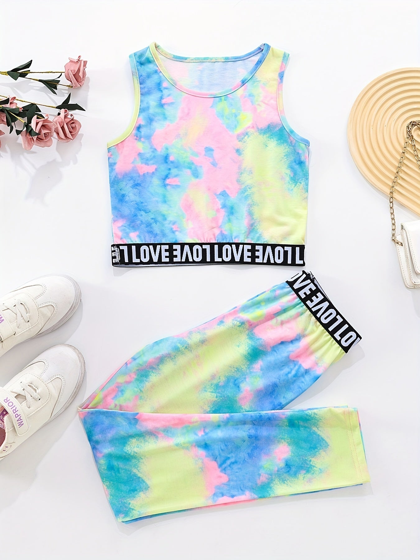 Girls Tie-Dyed Tank Top & High Waist Pants Set