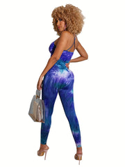 Tie Dye Spaghetti Jumpsuit Backless Stretchy Womens Clothing