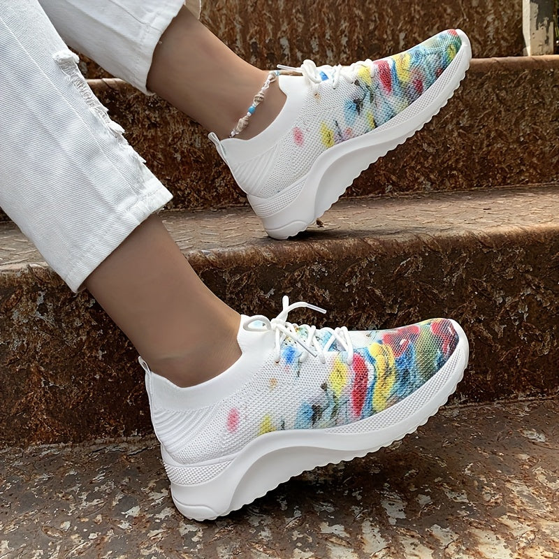 Floral Print Sock Sneakers Lace Up Low Top Sports Shoes