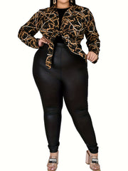 Sexy Blouse Women's Plus Chain Print Long Sleeve Knot Front Crop Top