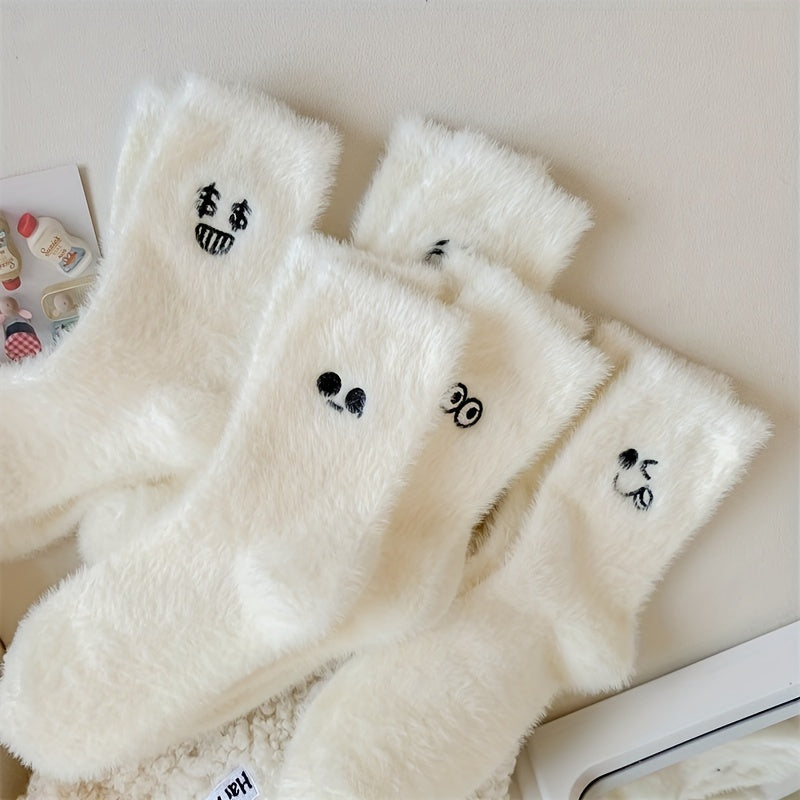 5 Pairs Cartoon Expression Pattern Embroidered Socks for Women Winter Stocking