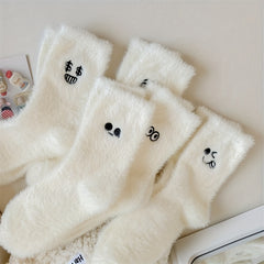 5 Pairs Cartoon Expression Pattern Embroidered Socks for Women Winter Stocking