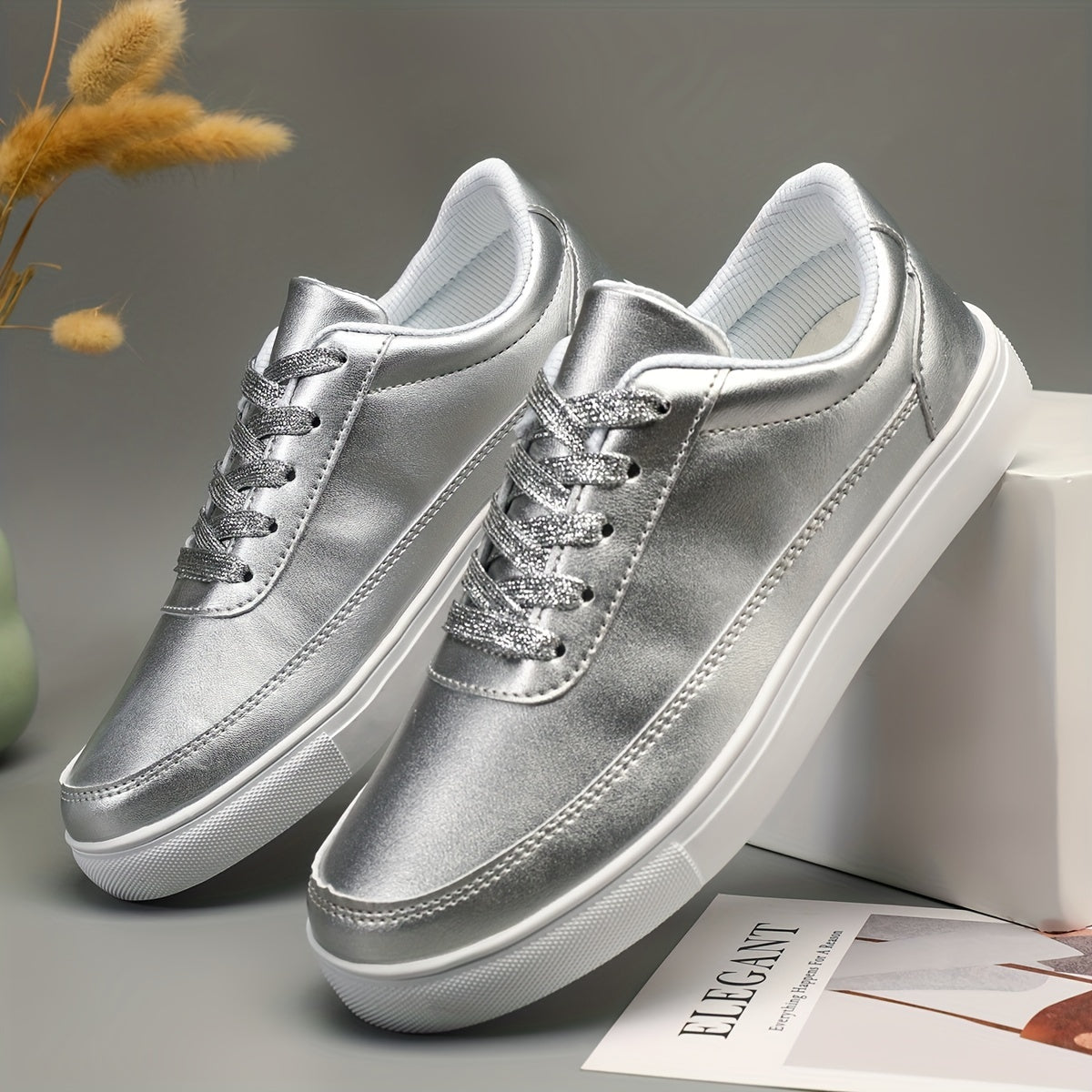 Women's Silver Faux Leather Skate Shoes Casual Lace Up Outdoor Shoes