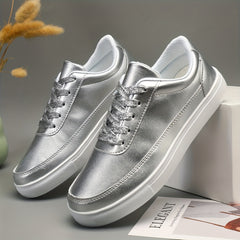 Women's Silver Faux Leather Skate Shoes Casual Lace Up Outdoor Shoes