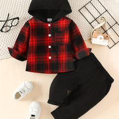 Boy's Plaid Block Hooded Shirt & Pants Set Spring Fall Outfit