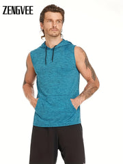 Men's Workout Hooded Tank Tops Quick Dry Gym Hoodies Running Shirts Bodybuilding