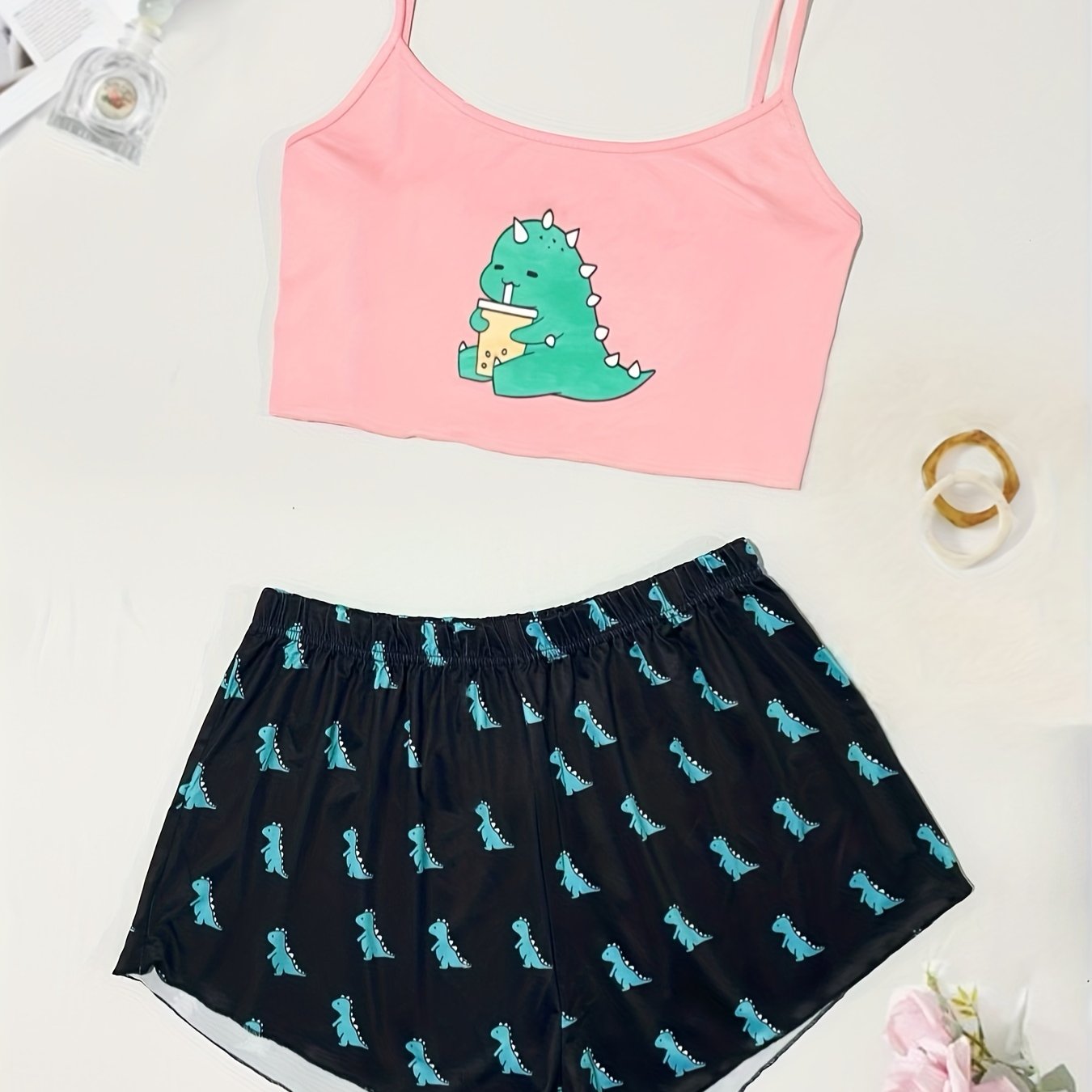 Women's Plus Dino Print Cami Top & Shorts Pajama Set