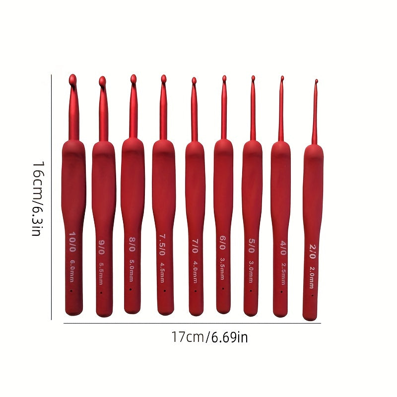 9pcs Crochet Hook Tool Set Non-slip Red Crochet Hooks for Handwork Hobby Craft