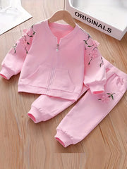 Girl's Floral Embroidered Jacket & Sweatpants Set for Spring
