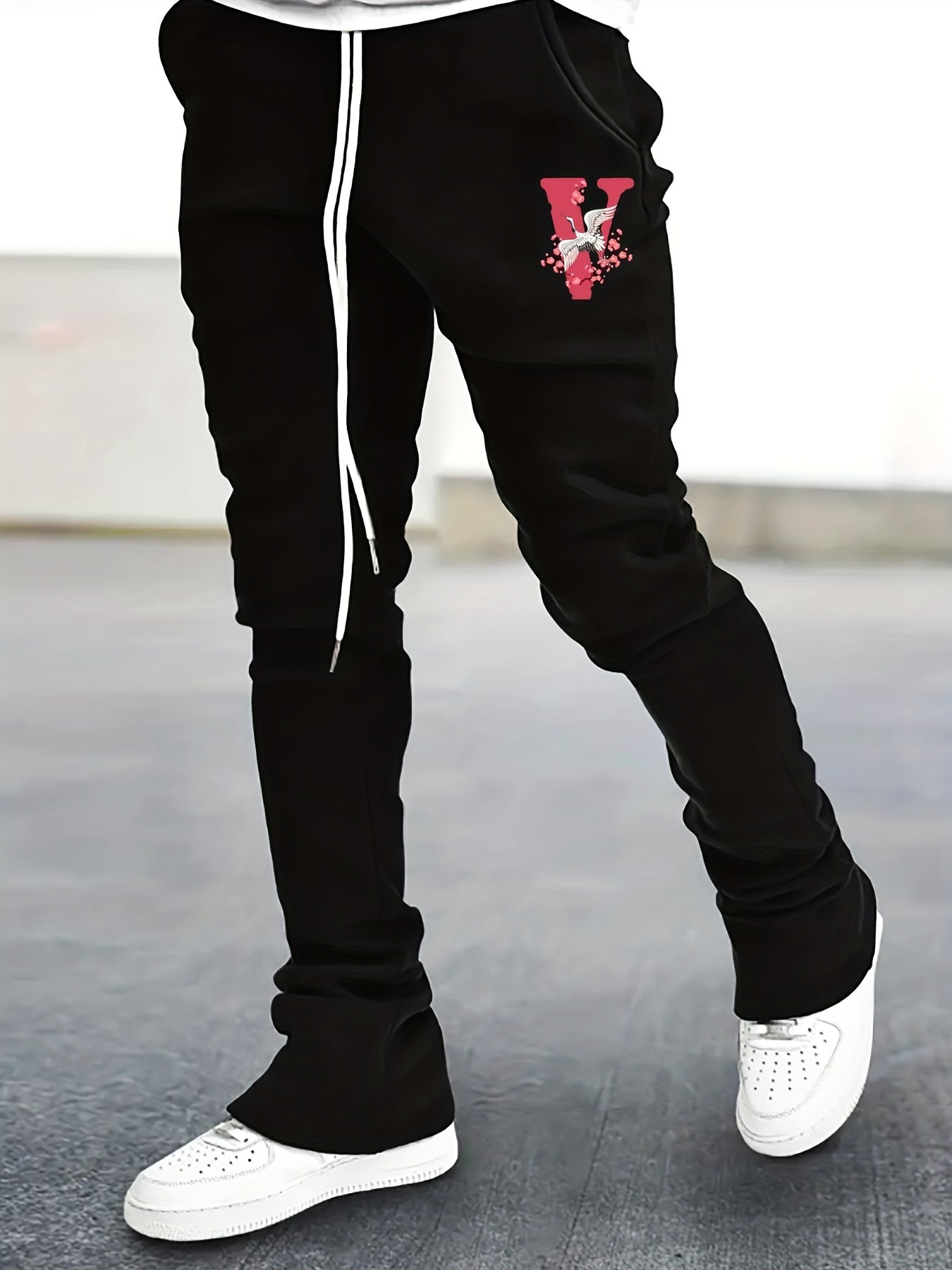 Crane & Floral Print Flared Trousers Men's Hip Hop Joggers