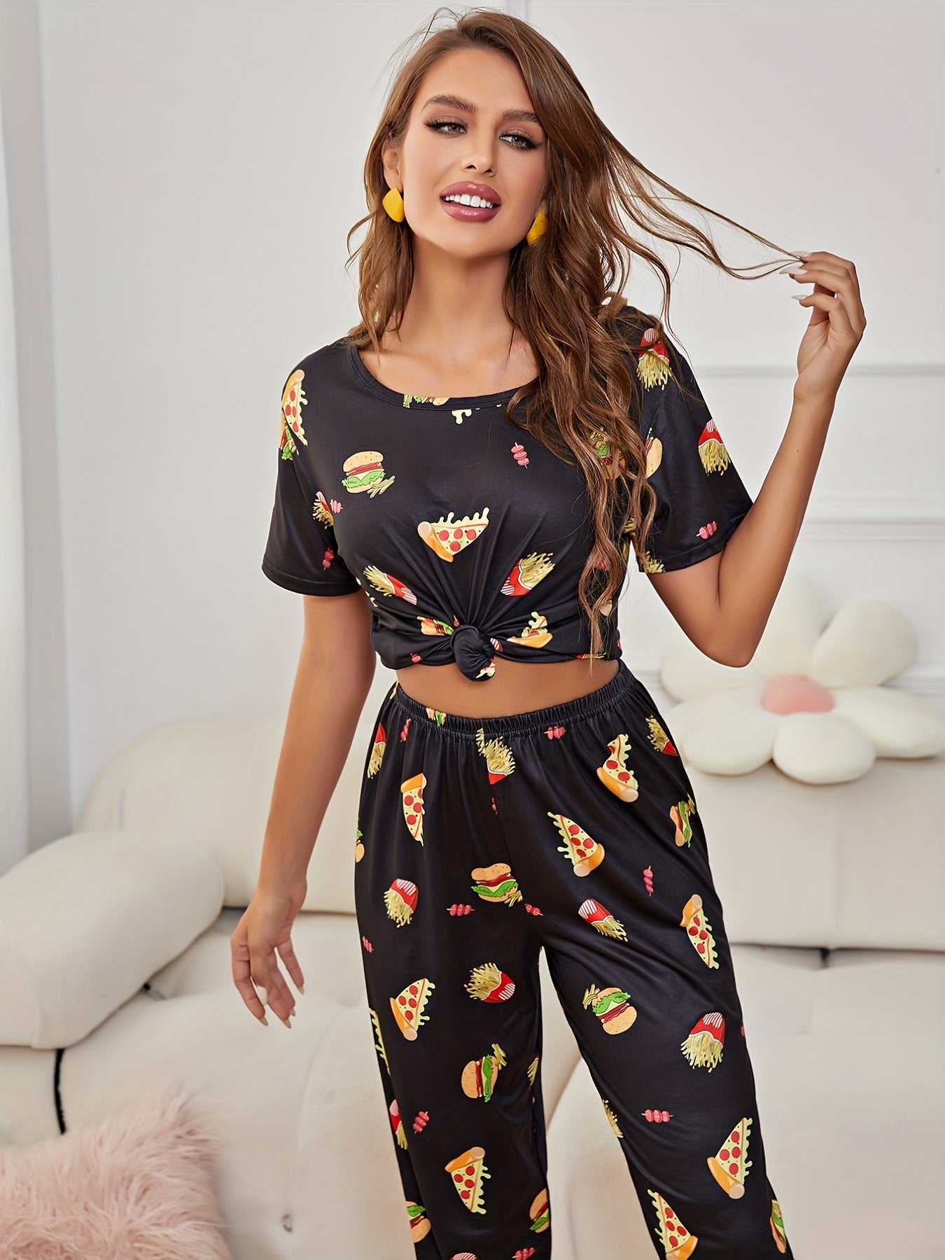 Cartoon Food Pajama Set Short Sleeve Top & Pants
