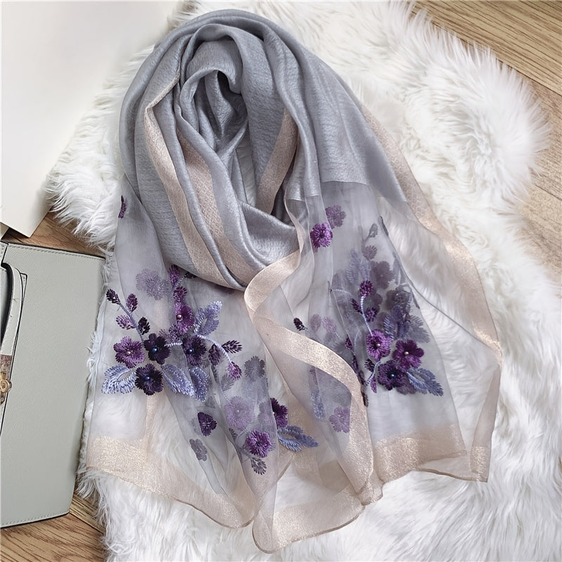 Silk Scarf Floral Embroidered Beaded Thin Scarves Shawl