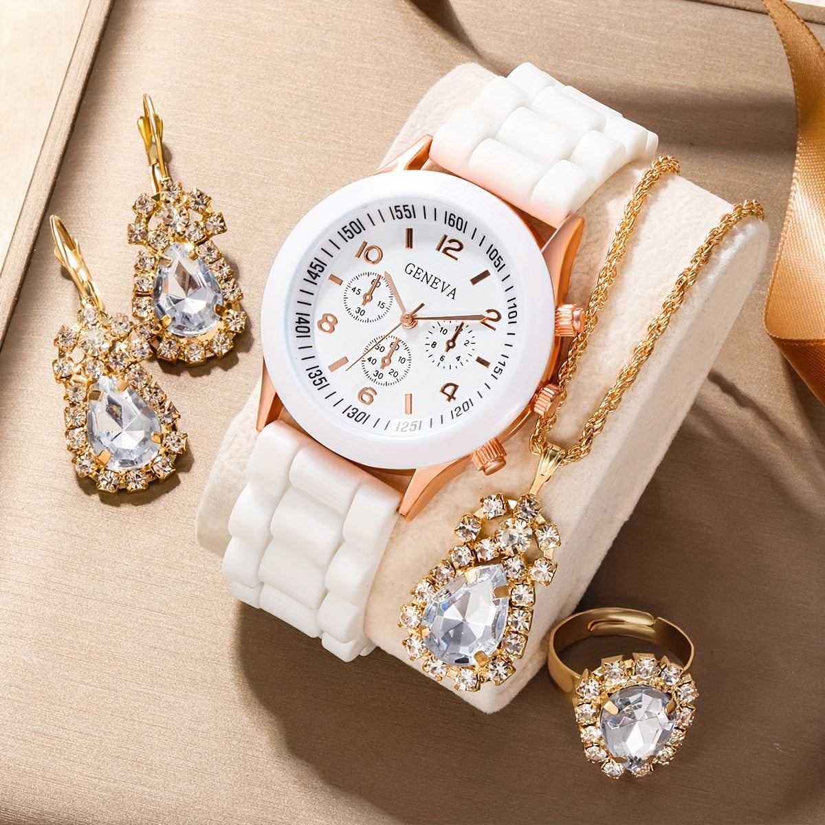Kids Silicone Quartz Watch & Rhinestone Jewelry Set