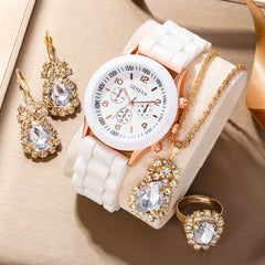 Kids Silicone Quartz Watch & Rhinestone Jewelry Set